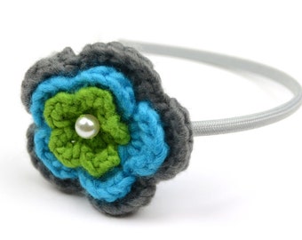 Turquoise Blue Green Grey Crochet Flower Headband Trio, with Pearl for Toddlers and Girls