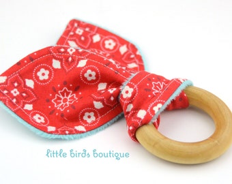 All Natural Wood Baby Teething Ring- Turquoise and Red Bandana - Great Gender Neutral, Shower Gift