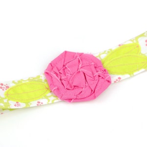 Adult or Child Fabric Flower Head Wrap, Tie, Sash, Headband, With Rose Flower in MoMo for Moda Just Wing It Flowers in Leaf and Pink image 2