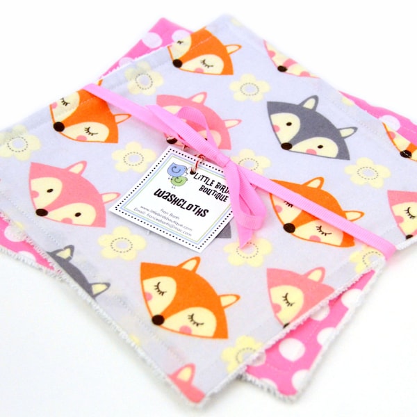 READY to SHIP! Washcloth or Cloth Wipes with Soft Terrycloth -Set of 2 in Grey Orange Pink Foxes
