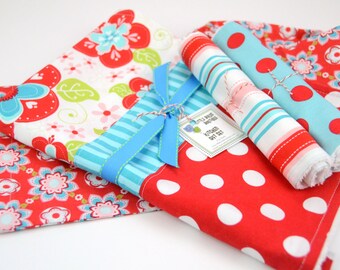 Kitchen Gift Set in Riley Blake Twice as Nice Sugar and Spice in Turquoise, Red, White - 1 Plastic Bag Holder, 2 Dish Cloths, 1 Dish Towel