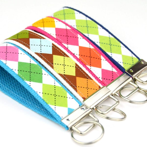 BUY 4 GET 1 FREE- Keychain Wristlet- Key Fob in Remix Argyle Diamonds by Ann Kelle Turquoise Brown Pink Green