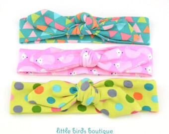 Top Knot Cotton Jersey Headband, Head Wrap, Tie Headband- for all ages Triangles, Hedgehog, Dots