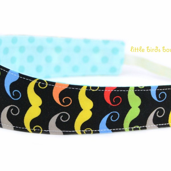 Reversible Fabric Headband- Children Toddler in Geekly Mustache, Black, by Riley Blake, Geekly Chic, Rainbow, Colorful