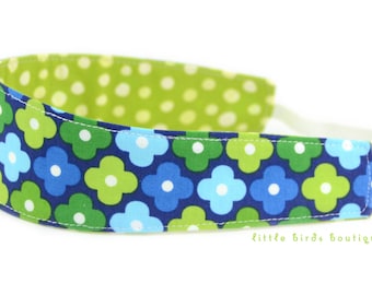 Reversible Fabric Headband- Children Toddler in Remix, Floral, Mosaic, in Royal Blue and Green Daisy by Robert Kaufman