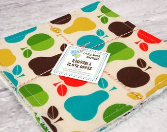 Eco Friendly Washcloth or Cloth Wipes with Soft Terrycloth -Set of 2 in Retro Apples and Pears