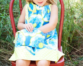 READY to SHIP! Pillowcase Dress, Timeless Treasures, Sunny Daze, Turquoise Blue, Lime Green, Ta Dot, Photo Shoot, Spring, Easter