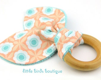 All Natural Wood Baby Teething Ring- Peach Turquoise Floral - Great Gender Neutral, Shower Gift