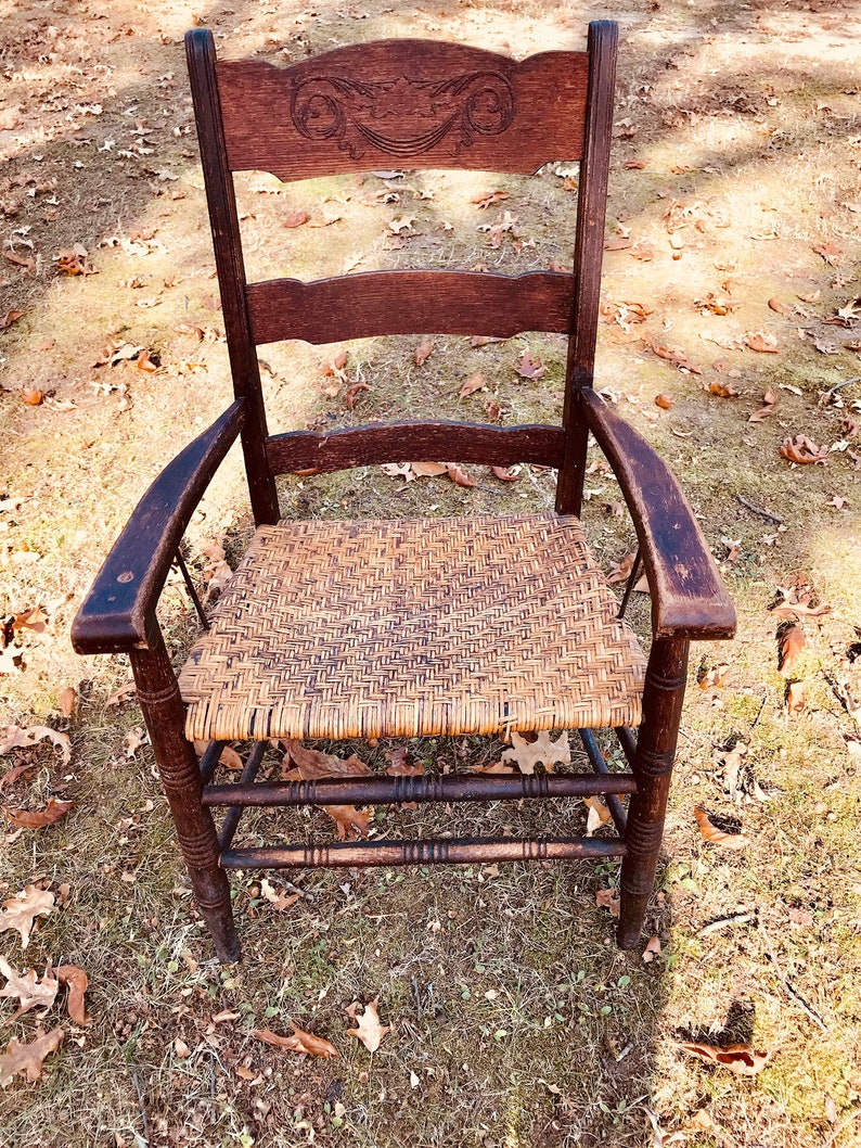 Antique Oak Armchair Handmade Original Cane Seat Carved Etsy