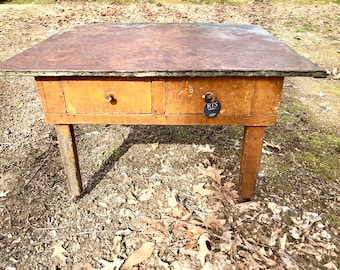 Early Primitive Coffee Table with Zinc Top and Old Mustard Paint, Two Drawers, End Table