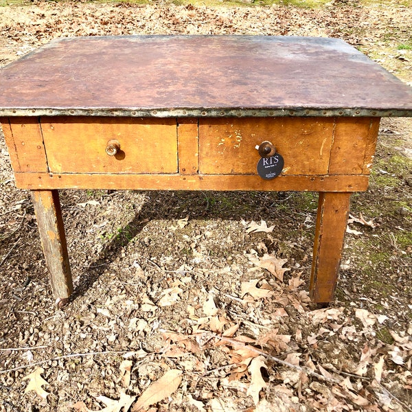 Early Primitive Coffee Table with Zinc Top and Old Mustard Paint, Two Drawers, End Table