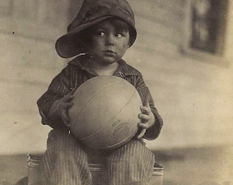Vintage Photo Depression Era Little Boy with Basketball, Paper Ephemera