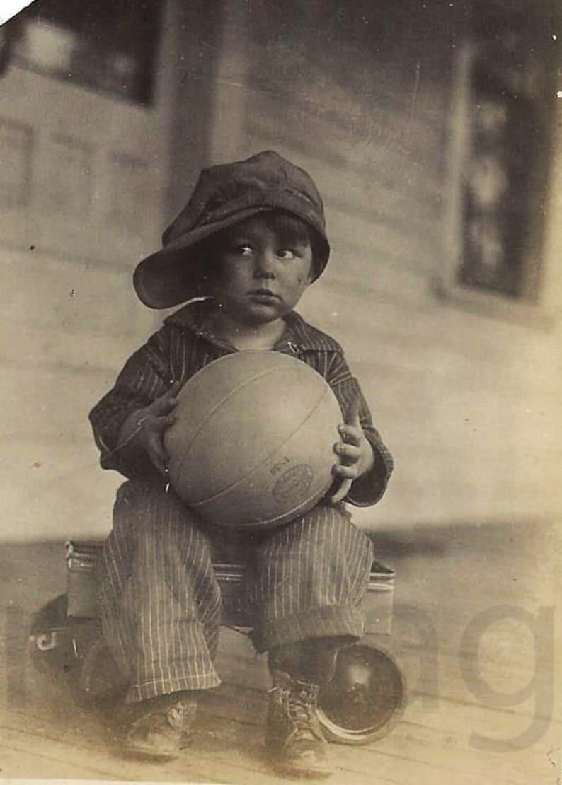 Vintage Photo Depression Era Little Boy with Basketball, Paper Ephemera image 1