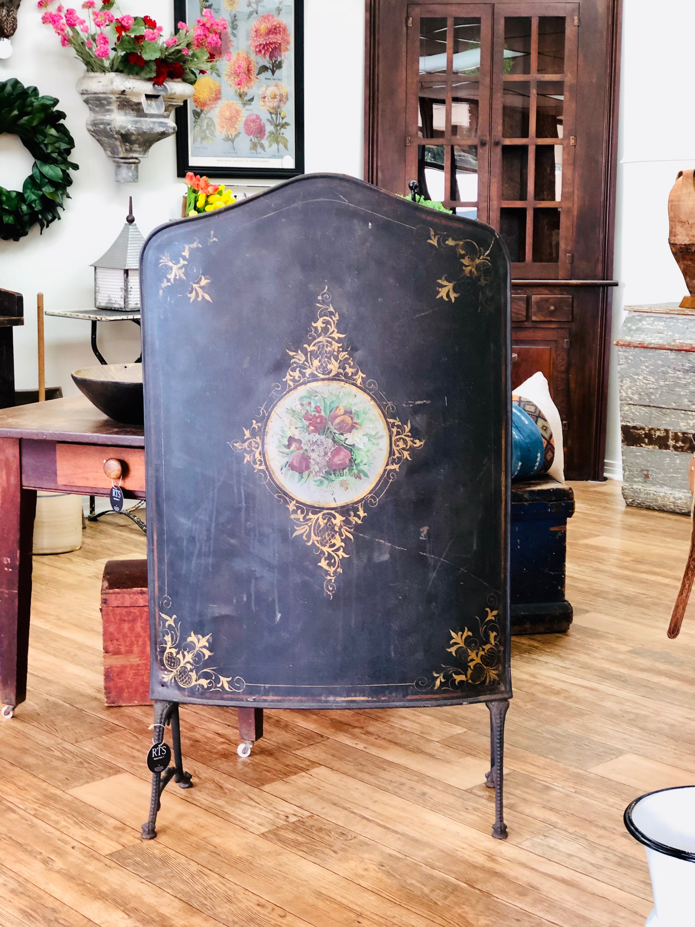 Antique Rare Toleware Painted Fire Screen Stand Tall Metal C 1850 Maine Decor Cottage French Country Room Divider Floral