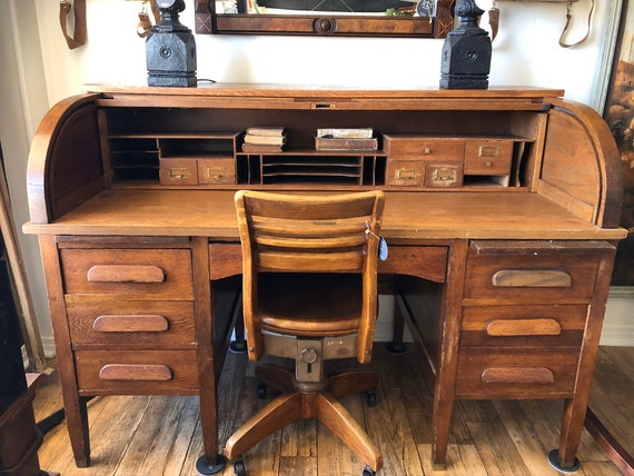 Sale Antique Oak Roll Top Desk With Chair Office Desk Lawyer Etsy