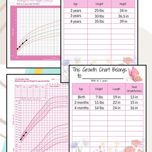 May include: A set of pink and white growth charts for girls, featuring weight and height measurements in inches and pounds. Charts include age, weight, and height data, with space to record personal information. The charts are decorated with floral and butterfly graphics.