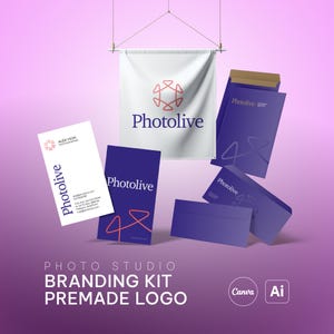 Kit di branding Canva / Design del logo predefinito per studio fotografico, modello di biglietto da visita, buste, carta intestata, firme e-mail, copertina, banner