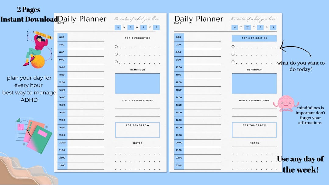 Pastel Blue Daily Planner, Printable Hourly Planner, Daily Planner ...