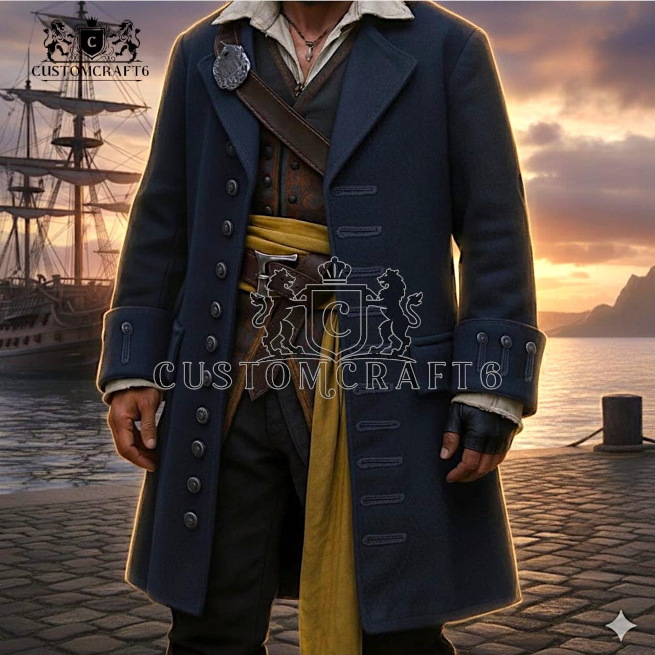 New Men's Captain Hook Pirate Coat: blue Wool Coat, Halloween Cosplay