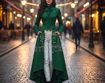 Casaco de lã verde feito à mão | Casaco vitoriano steampunk com barra assimétrica e entrega rápida