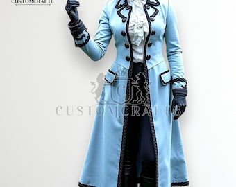 Casaco de lã azul-celeste: Trench coat de corte personalizado ao estilo do século XVIII.