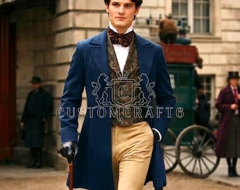 Casaco masculino azul estilo vitoriano, jaqueta de cavalheiro eduardiano, jaqueta de lã feita à mão.