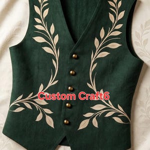 Può includere: Un gilet verde scuro con scollo a V, cinque bottoni rotondi color ottone e ricami a forma di foglie color beige chiaro su entrambi i pannelli frontali. Il testo "Custom Craft6" è stampato in rosso al centro del capo.