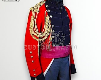 May include: A red military jacket with gold trim and buttons, a navy blue front, and a pink sash. The jacket has gold epaulettes and the text "CUSTOMCRAFT6".