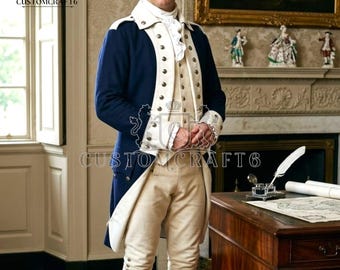 Novo casaco masculino histórico de lã azul marinho, jaqueta de traje feita à mão.