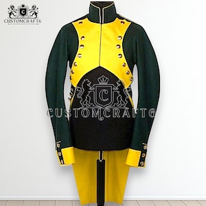 Green Wool French Dragoon Coat Napoleonic Hussar Jacket, Military Cosplay