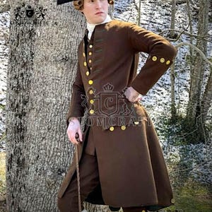 Nouvelle redingote homme en laine marron foncé, frac colonial du XVIIIe siècle