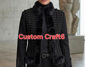 Jaqueta militar feminina personalizada preta estilo hussardo - Dolman Imperial com acabamento em pele sintética e trançado ornamentado - Traje estilo Napoleônico da Era da Regência