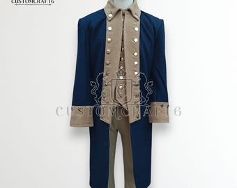 May include: A navy blue and tan historical costume, including a long coat, vest, and pants. The coat features tan cuffs and collar, with a double-breasted tan vest. The outfit is displayed on a mannequin. The logo "CUSTOMCRAFT6" is visible.