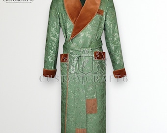 Novo roupão masculino verde em jamawar | Lapela acolchoada, estilo vitoriano
