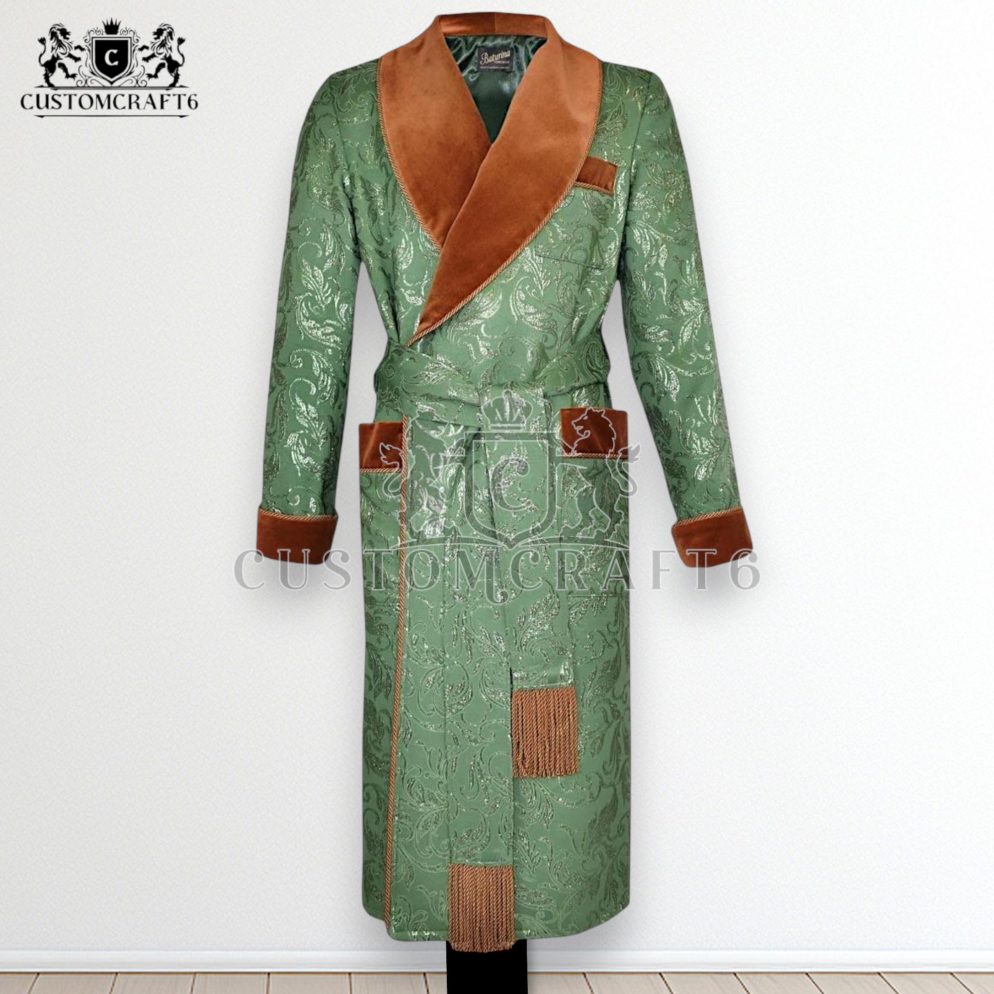 Men's Green Jamawar Smoking Robe | Quilted Lapel, Victorian Lounge Jacket