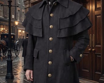 Casaco masculino vitoriano preto de lã com capa dupla, estilo gótico steampunk.
