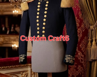 Casaco militar vintage estilo fraque – Jaqueta de uniforme de gala da Marinha com dragonas douradas.