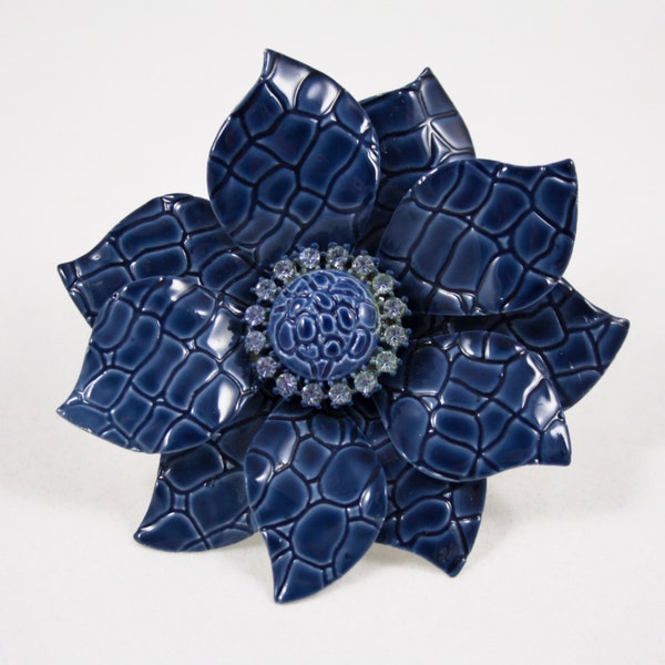 Vintage Blue Enamel and Rhinestone Flower Brooch - Faux Lizard Print