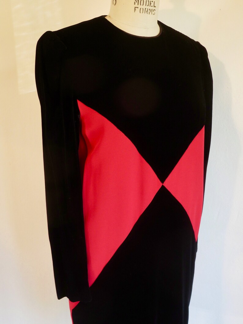 1980's Red and Black Velvet Color Block Dress Long Sleeves Evening Formal Cocktail 80's Avant Garde Chetta B Size Small image 5