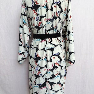 1980's Krizia Multi Color Black and White Butterfly Rayon Print Day Dress Shoulder Pads Italian Designer Medium image 8