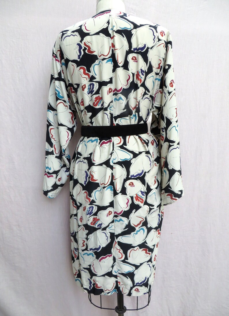 1980's Krizia Multi Color Black and White Butterfly Rayon Print Day Dress Shoulder Pads Italian Designer Medium image 8