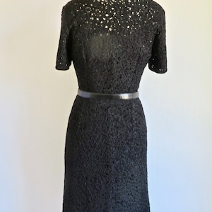 1940's Black Rayon Ribbon Knit Dress Crochet Slip Half Sleeves Square Neckline Belt Rockabilly WW2 Era 30.5 Waist Medium image 6