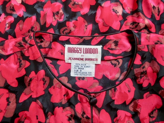 1980's Red Rose Floral Silk Print Dress Long Slee… - image 10