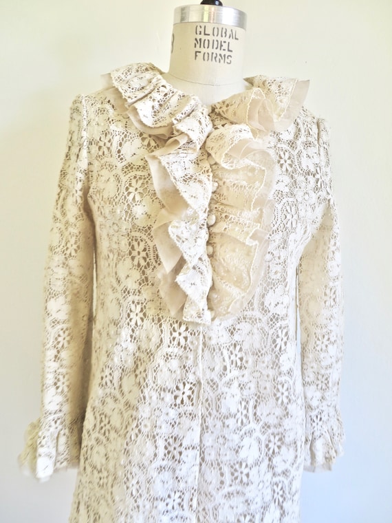 1960's Mod Ivory Creme Cotton Lace A Line Dress R… - image 2