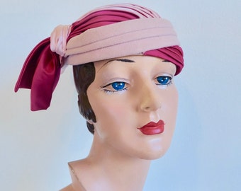 1950's Pink and Magenta Felt Cloche Hat with Satin Side Bow Spring Summer 50's Millinery Lecie