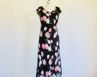 1930's Style Black and Pink Silk Floral Bias Cut Long Maxi Dress Ruffle Shawl Collar Art Deco Great Gatsby Ralph Lauren Size 12 Med