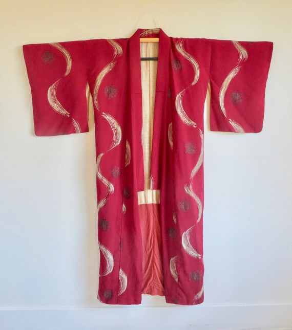 Traditional Japanese Red Kimono Robe Chirimen Cre… - image 9