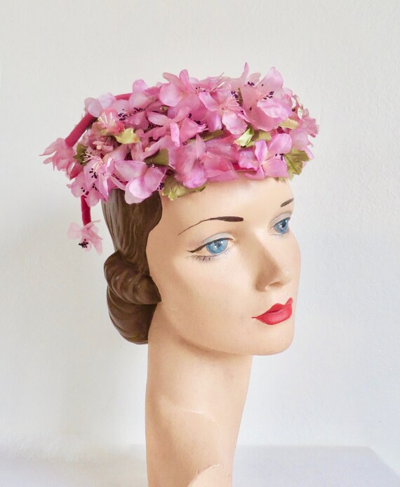 1960's Pink and Magenta Silk Floral Pillbox Hat S… - image 3