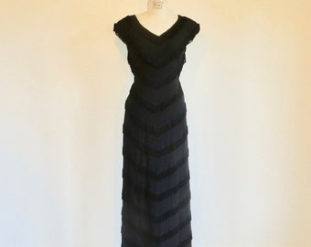 1940's Black Long Evening Dress with All Over Chevron Striped Fringe Formal Cocktail Party Maxi Length WW2 Era Rockabilly 28" Waist Medium