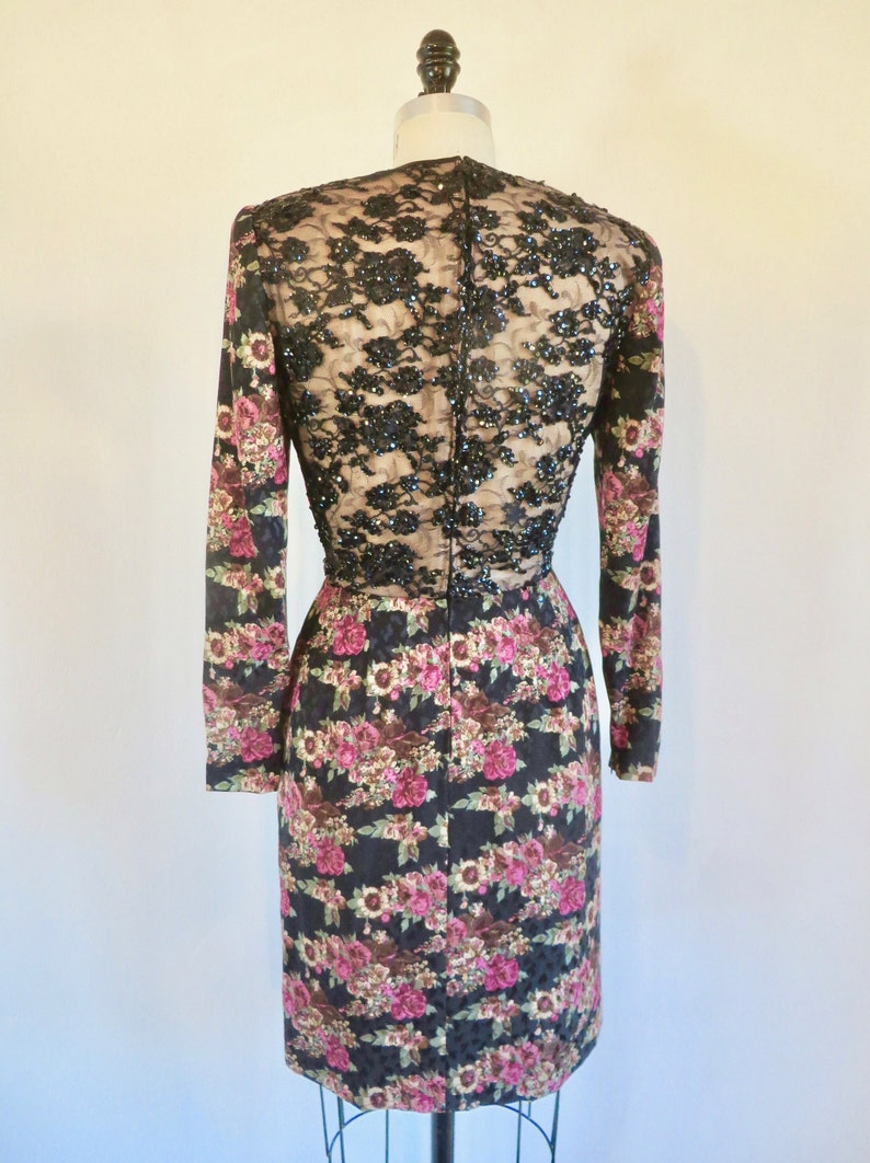 I Magnin 1980's Black Magenta Floral Silk Evening Sheath Dress Lace Sequin Back Detail Long Sleeves Formal Cocktail Party 27.5 Waist Small image 2